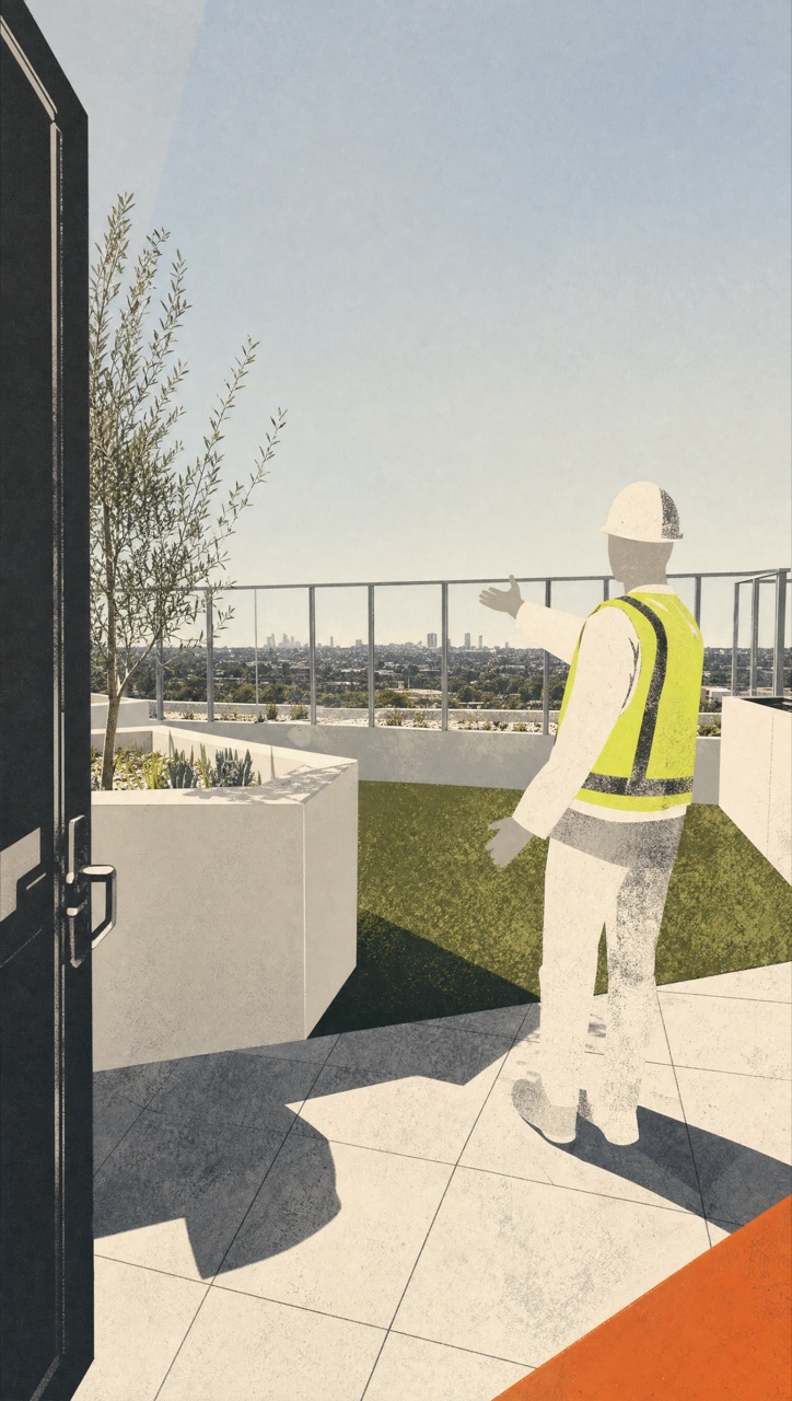 Illustrative vertical frame: Communal rooftop · Closing